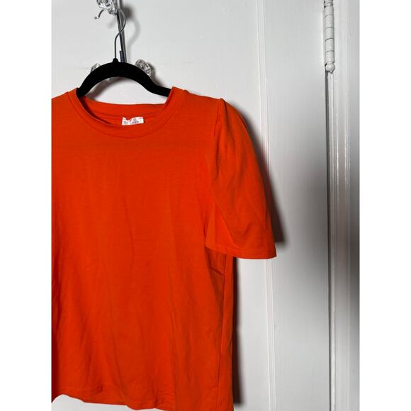 Anonyme Red Orange Crewneck Stretch Short Puff Sleeve Statement Shirt Women's XS - Picture 2 of 7